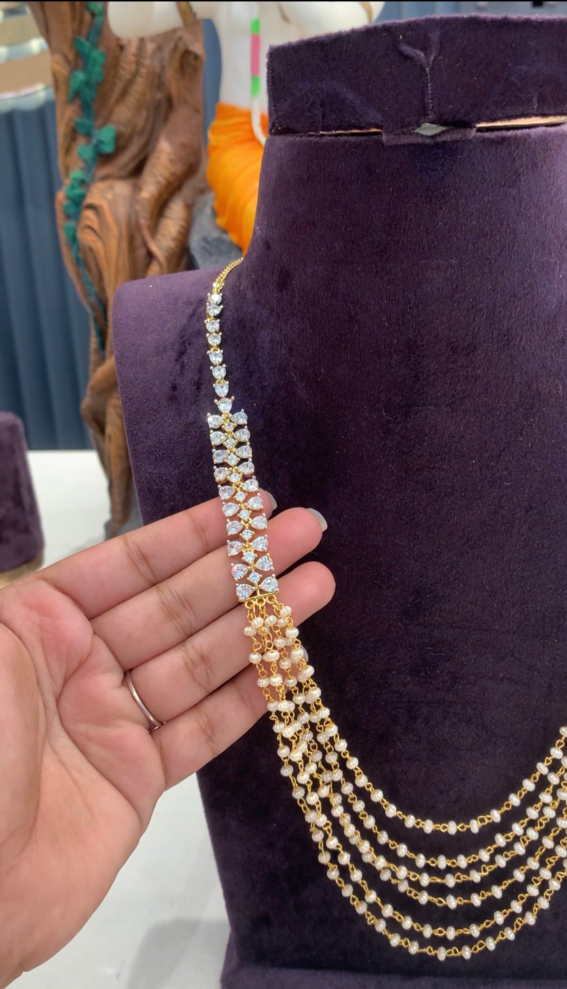 Beautiful CZ stones side lockets with pearls mala