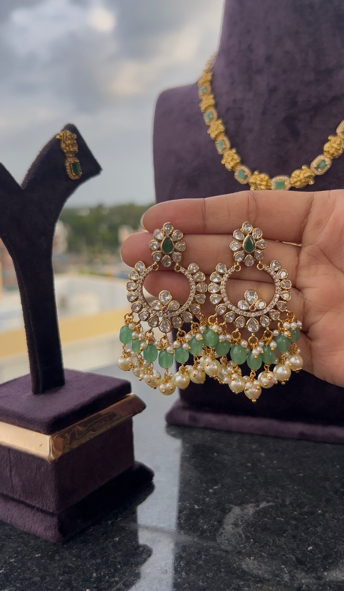Beautiful white stones Chandbali pushback earrings with beads finishing