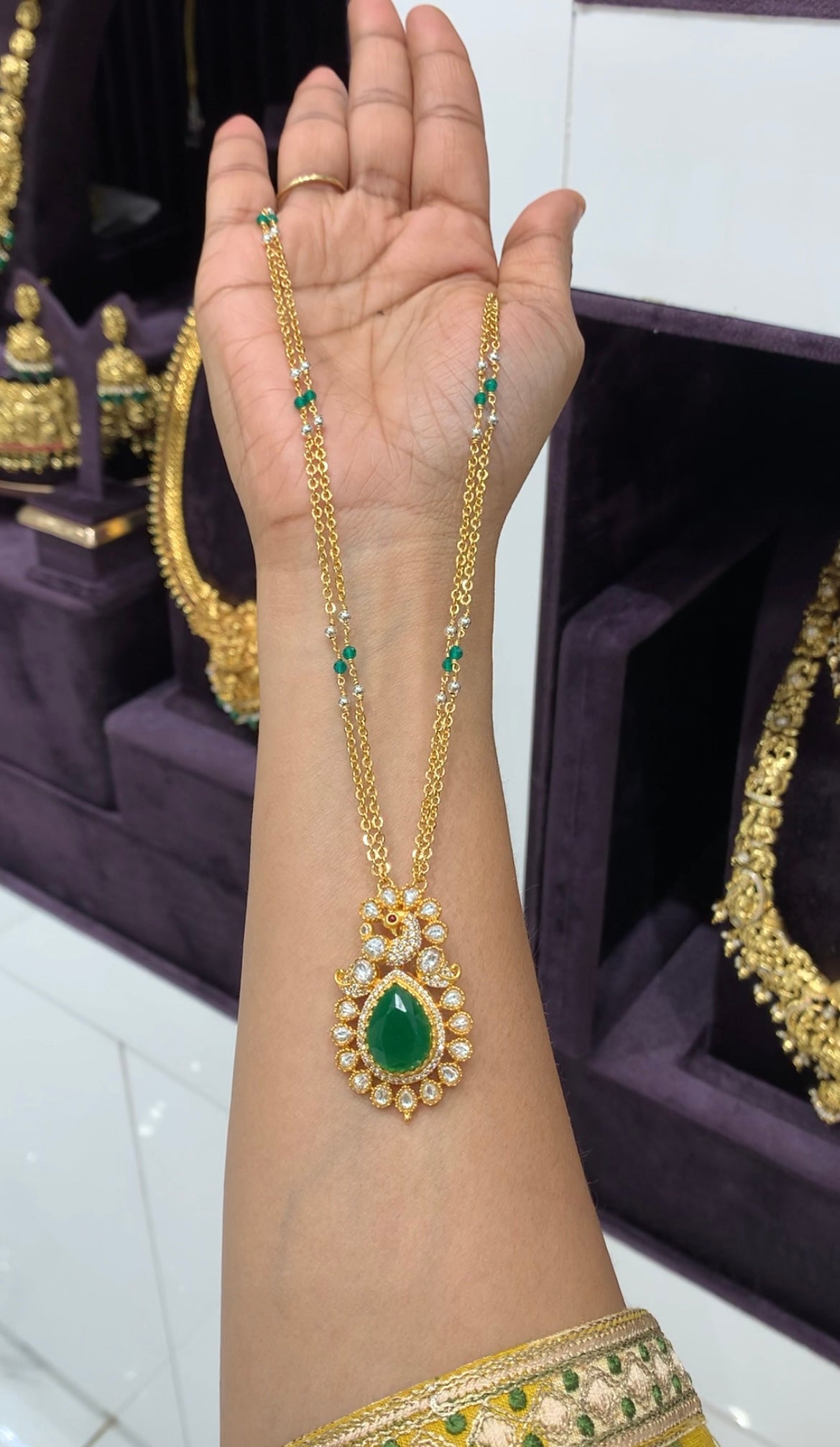 Beautiful peacock design Pendant with handmaking bead’s & chandraharam chain 18 inchs long