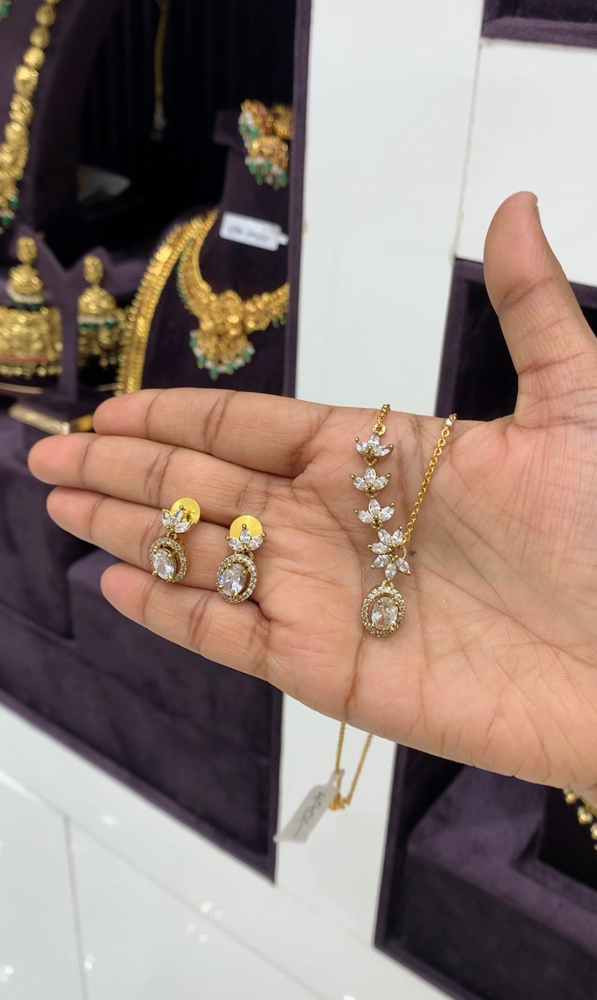 Beautiful white stone pendent set chandraharam chain 18 inchs long
