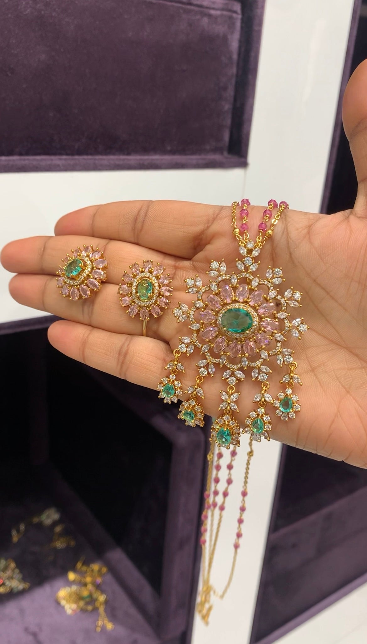Beautiful multi color CZ stones pendant set with handmaking Chandraharam & beads chain 18 inchs long