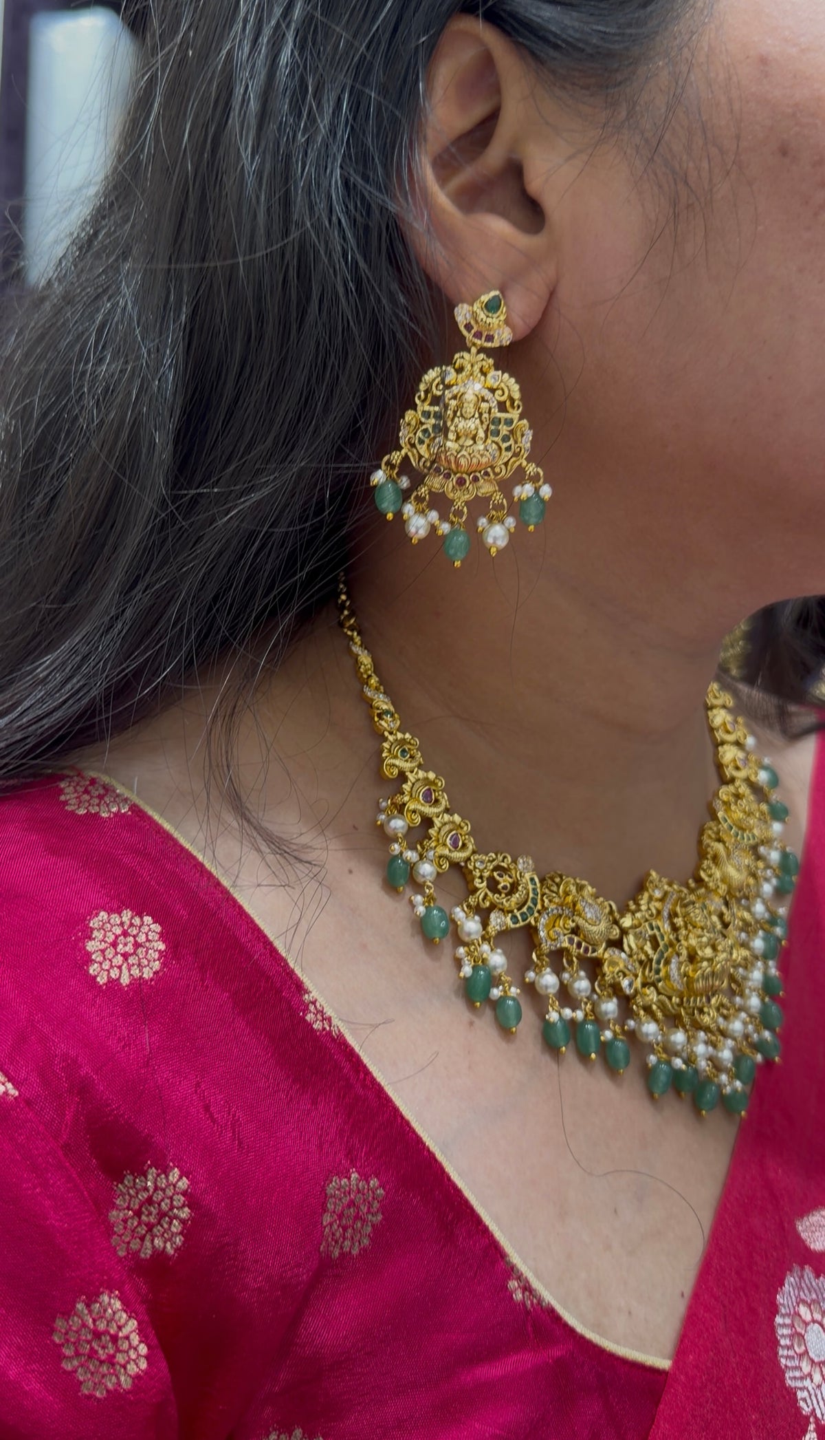 Beautiful Lakshmi devi & peacock design necklace with pushback earrings