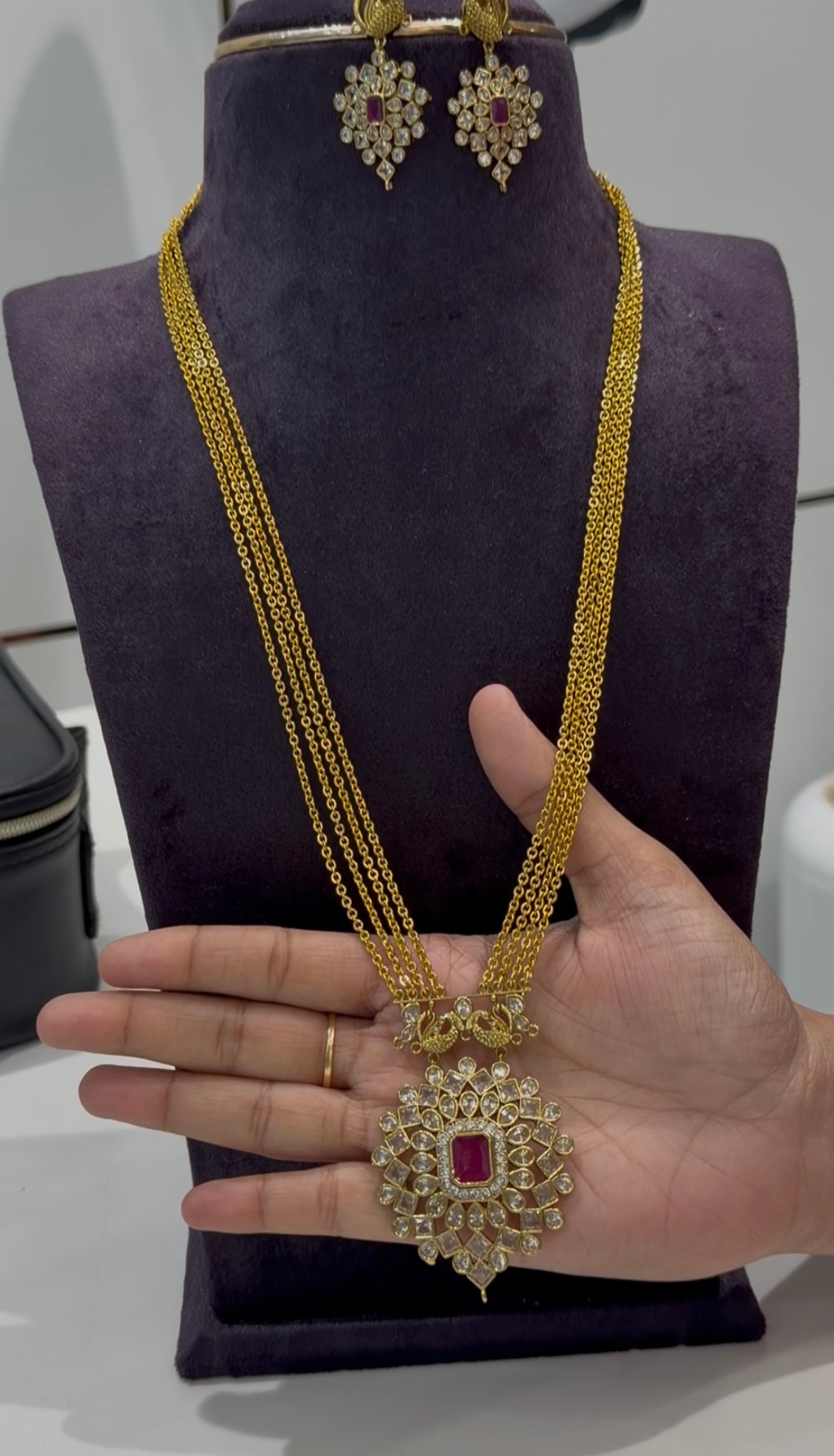 Beautiful uncut stone pendant set with chandraharam chain 24 inchs long