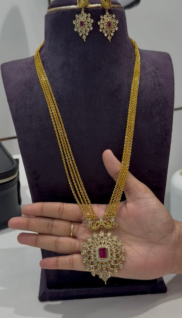 Beautiful uncut stone pendant set with chandraharam chain 24 inchs long