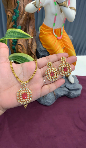 Beautiful ruby stone nanpatti model necklace with pushback earrings