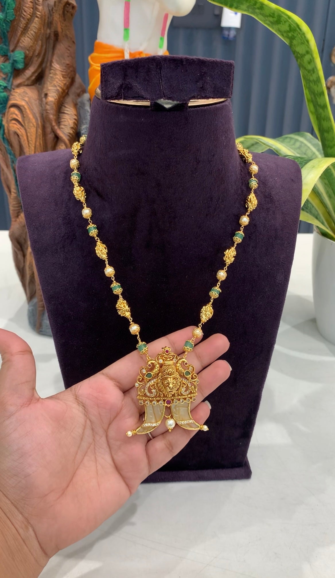 Beautiful narasimha swamy tiger nail with beads & nakshi balls mala 18 inchs long
