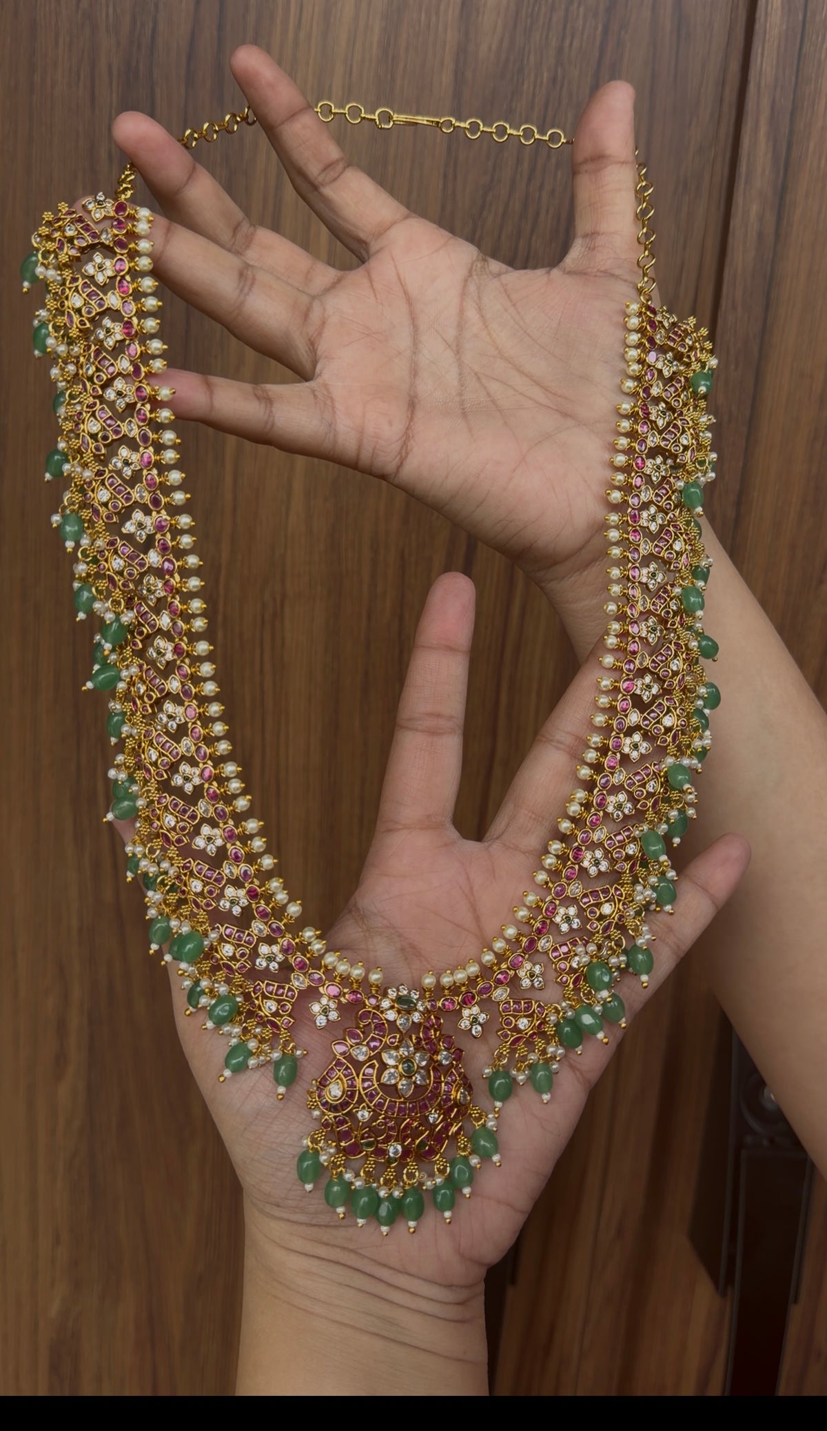Beautiful pota stone & beads finishing long haram with pushback jumkis