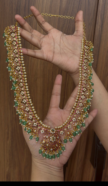 Beautiful pota stone & beads finishing long haram with pushback jumkis