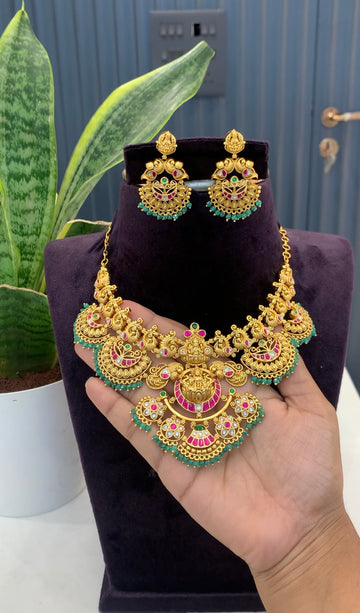 Beautiful Jadav stone ,Lakshmi devi necklace set with pushback earrings