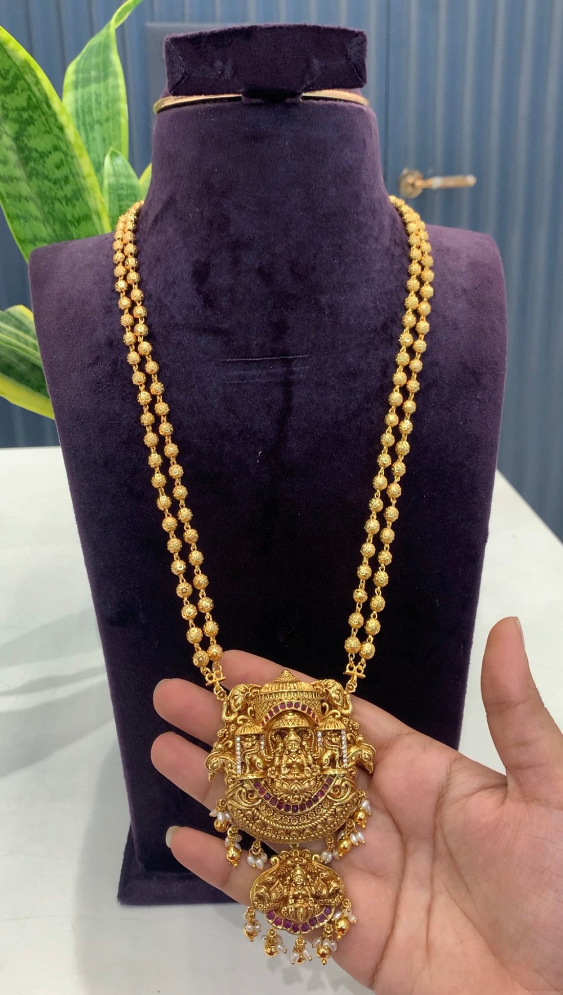 24inch Long gold bal chain with lakshmi idol locket