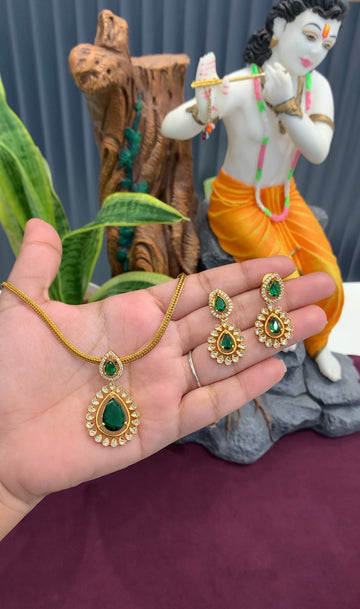 Beautiful green stone nanpatti model necklace with pushback earrings
