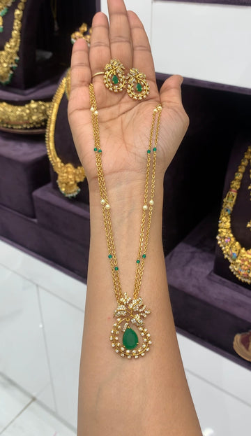Beautiful green colour pendant set with chandraharam chain 18 inchs long