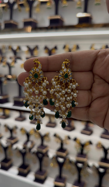Beautiful peacock design pushback ear hangings with pearls chain
