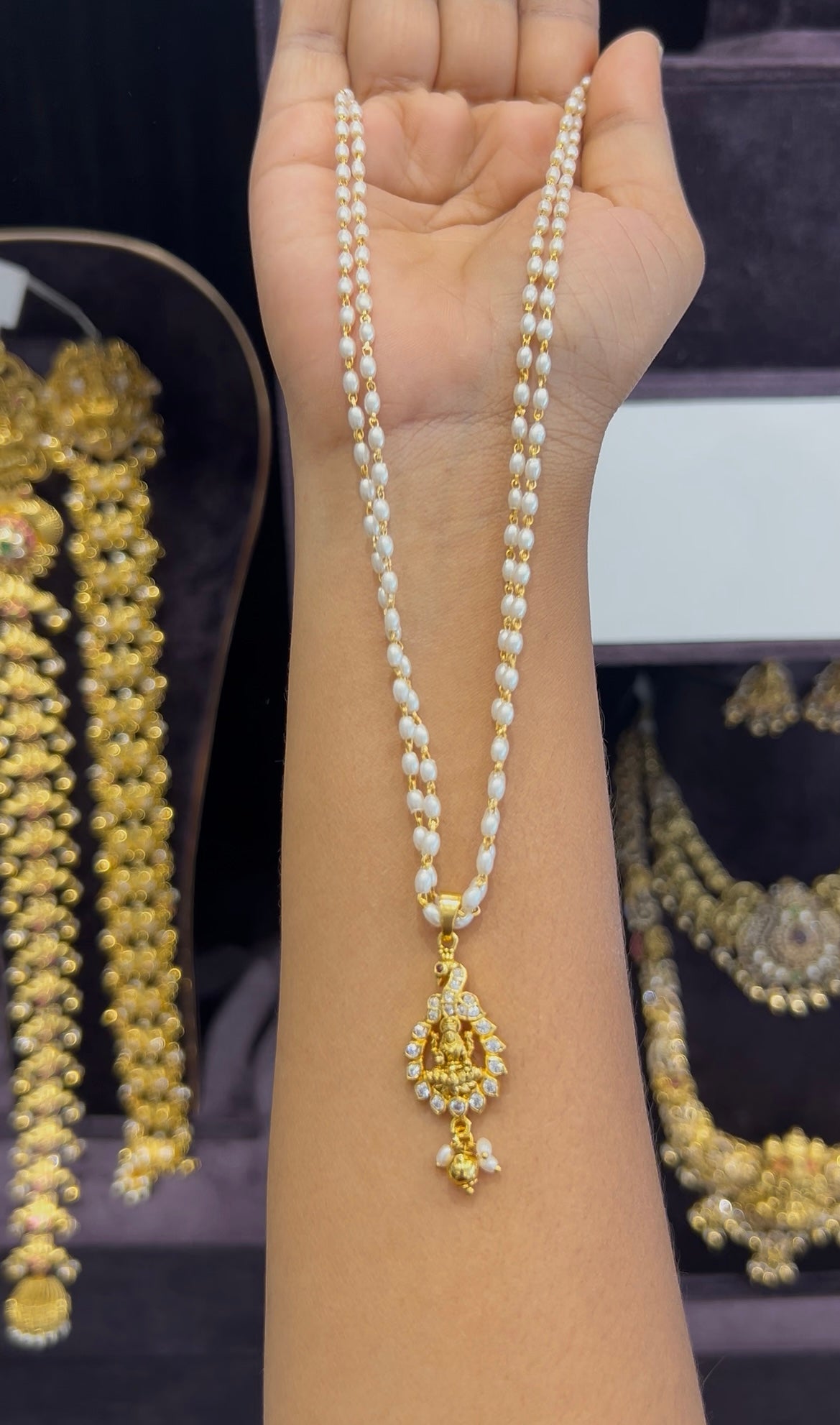 Beautiful simple Lakshmi devi hangable locket with pearls chain 18 inchs long