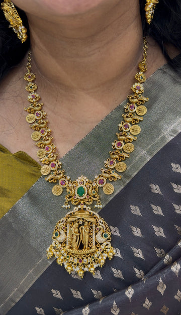 Beautiful ruby stones peacock design kasula model necklace with screwback earrings