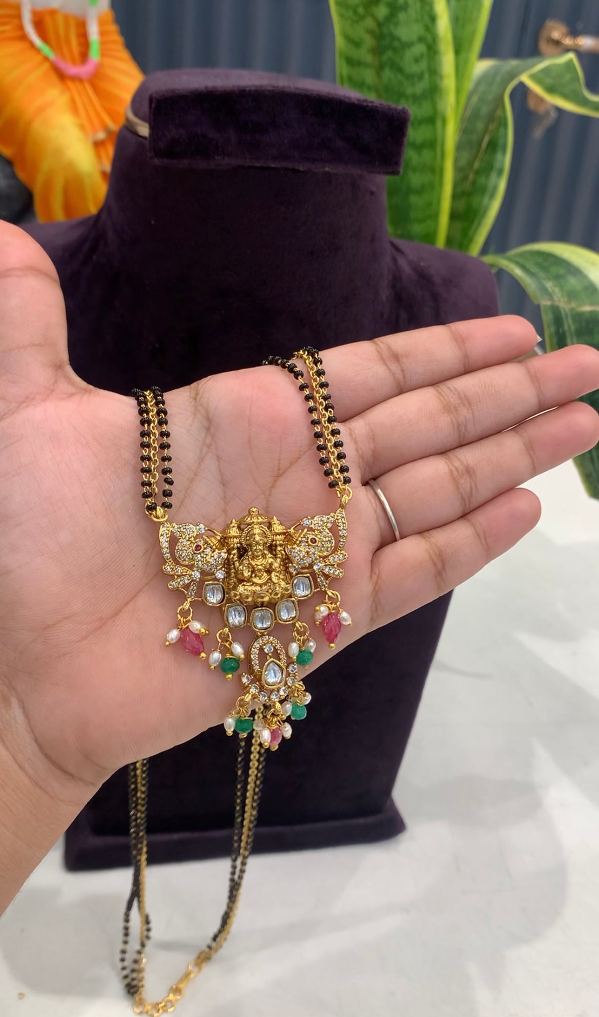 Beautiful Lakshmi devi pendent with blackbeads & chandraharam chain 18 inchs long