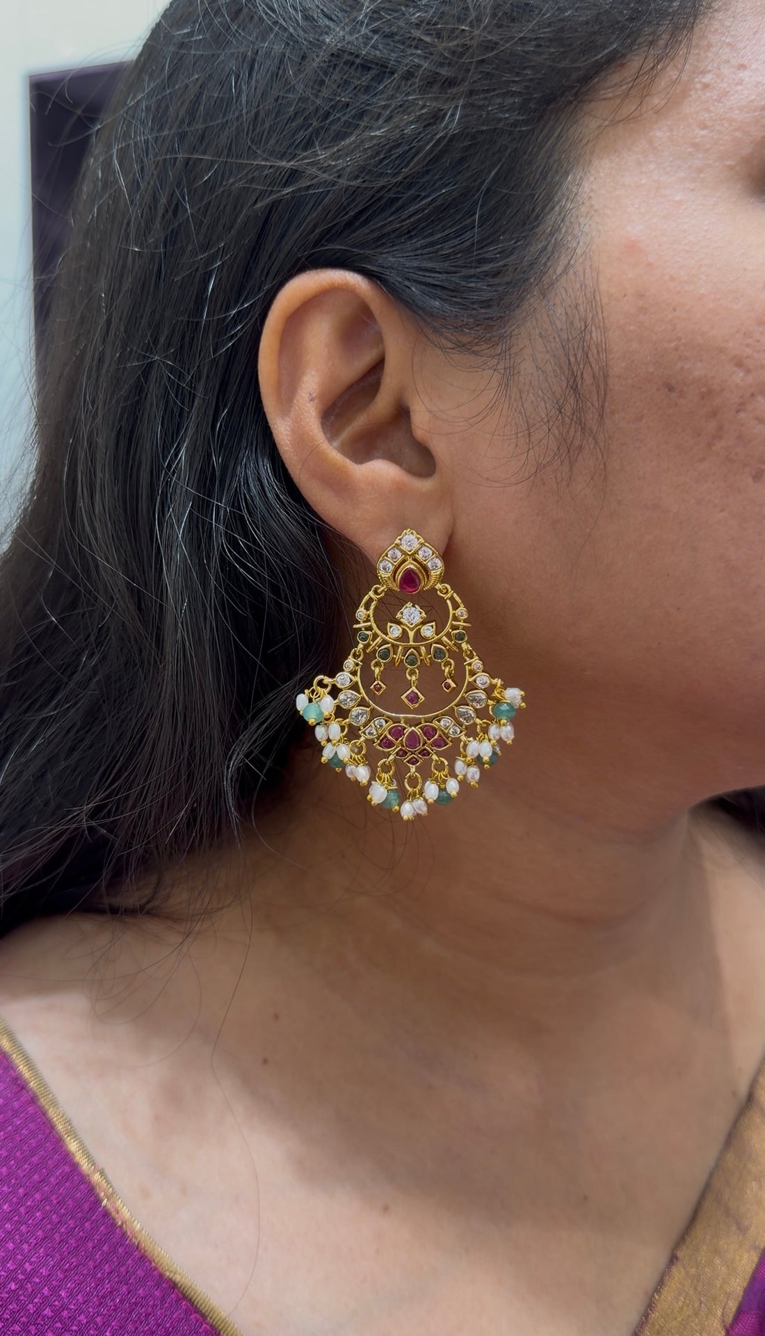 Beautiful multi stone Chandbali earrings with pushback