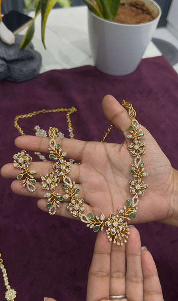 Beautiful green & white CZ stones necklace set with adjustable chain