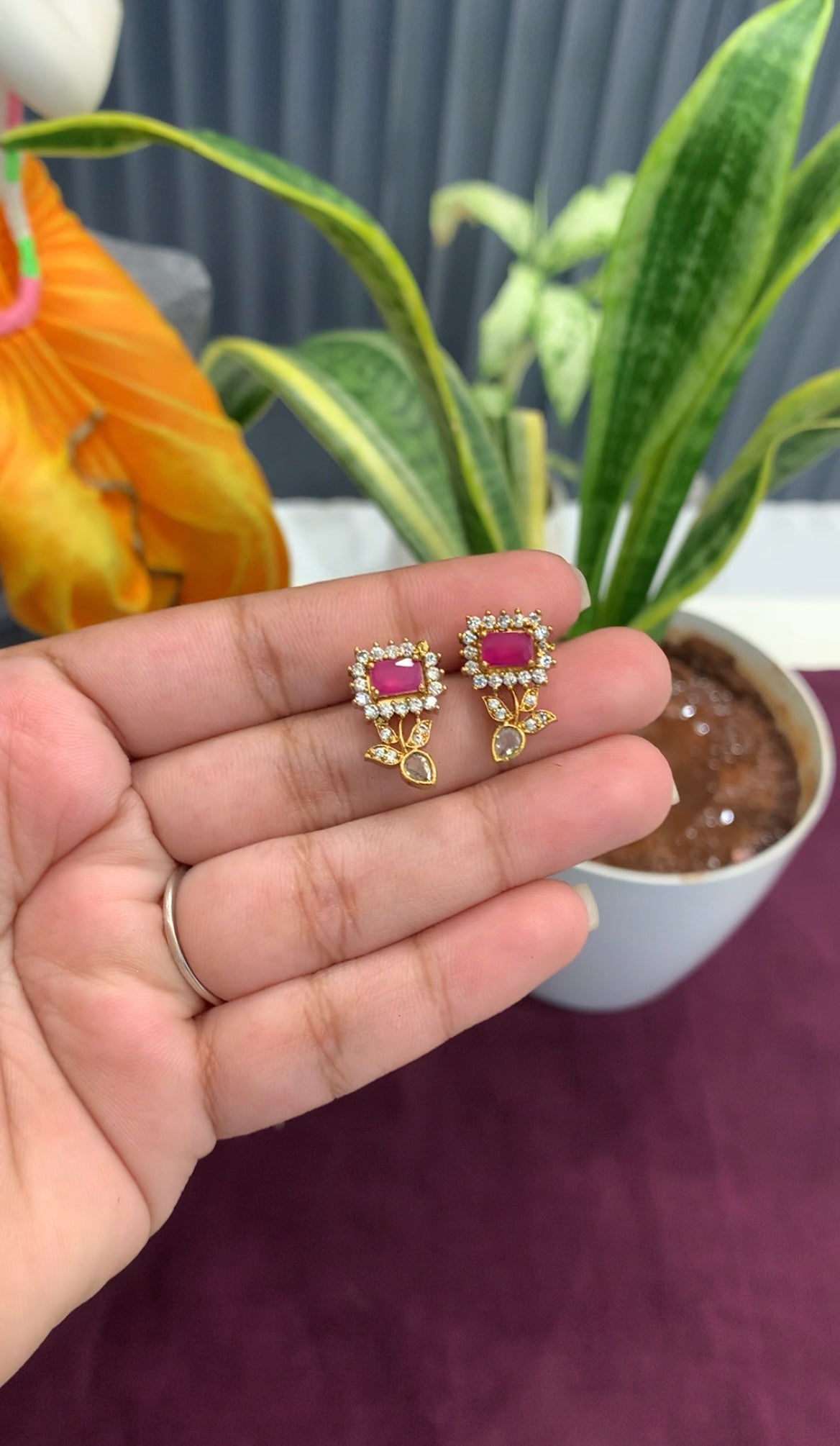 Beautiful simple ruby stone neckset with pushback studs