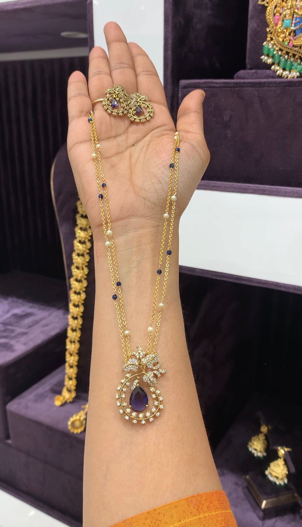Beautiful purple color stone pendant set with handmaking chandraharam & beads chain 18 inchs long