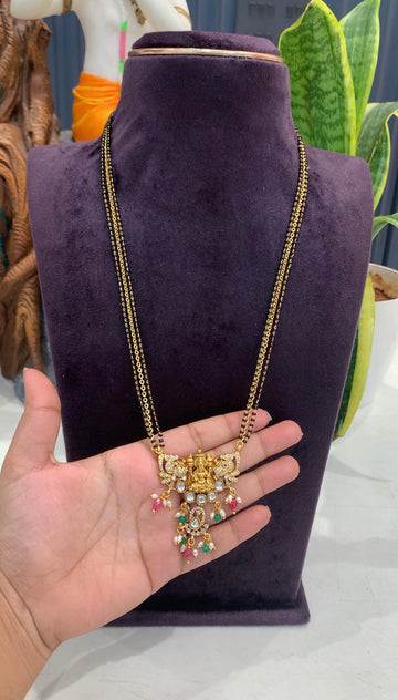 Beautiful Lakshmi devi pendent with blackbeads & chandraharam chain 18 inchs long