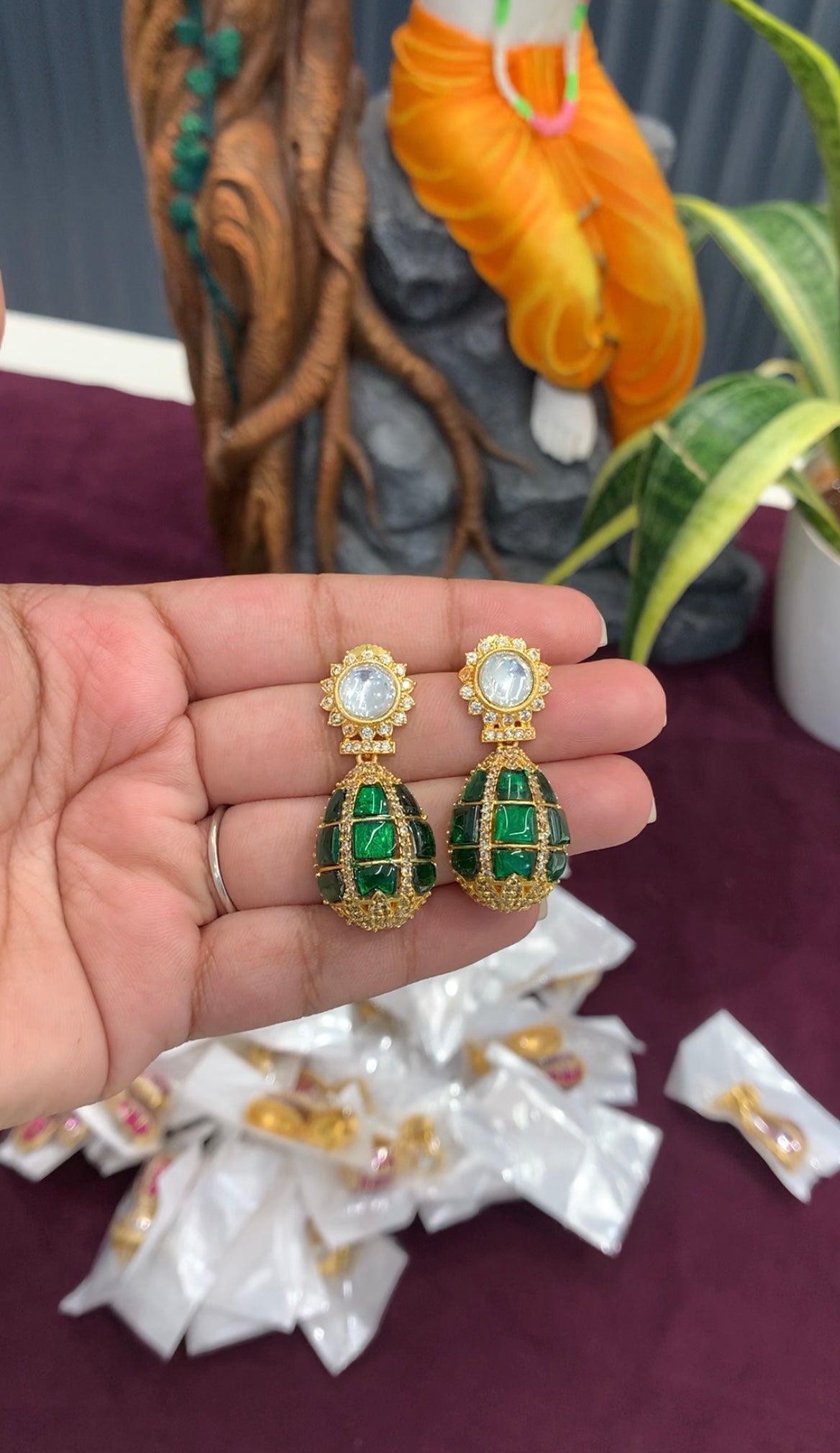 Beautiful green stone jadau kundan earrings with pushback