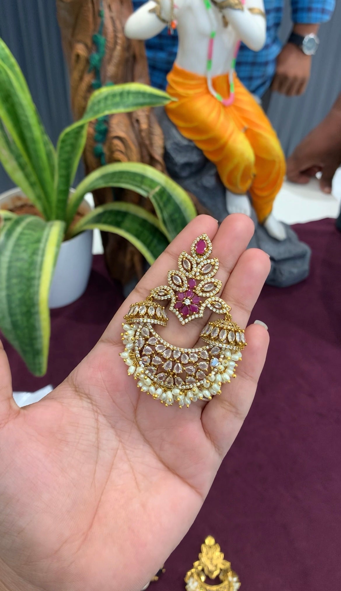Beautiful CZ stone Chandbali earrings with pushback