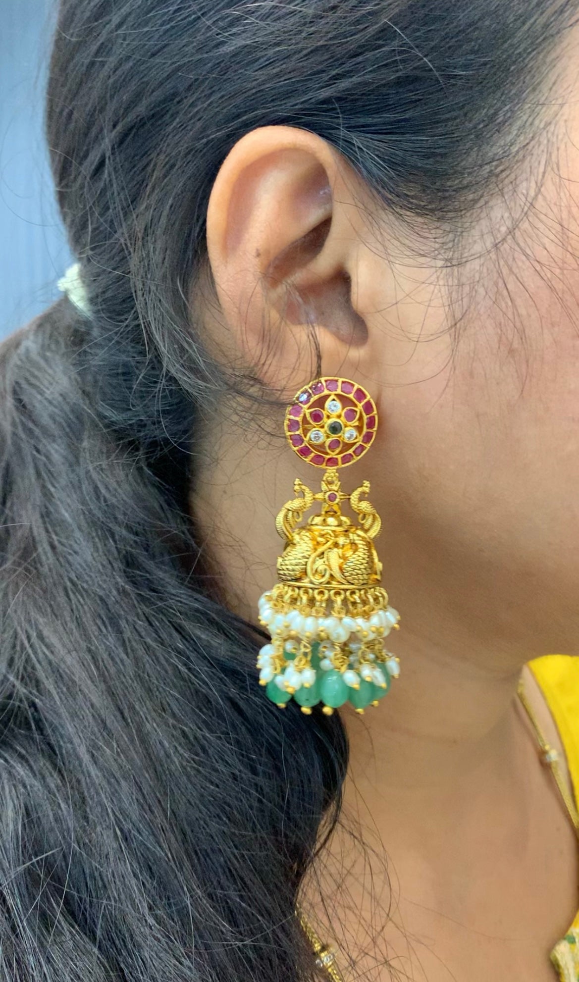 Beautiful pota stone & peacock design pusback jumkis with beads finishing