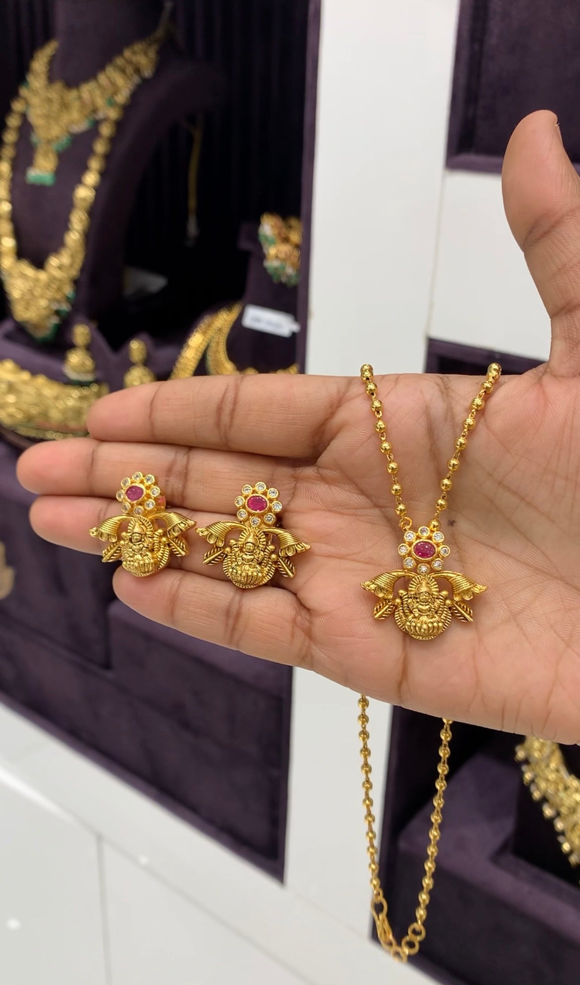 Beautiful Lakshmi devi pendent set gold balls chain 18 inchs long