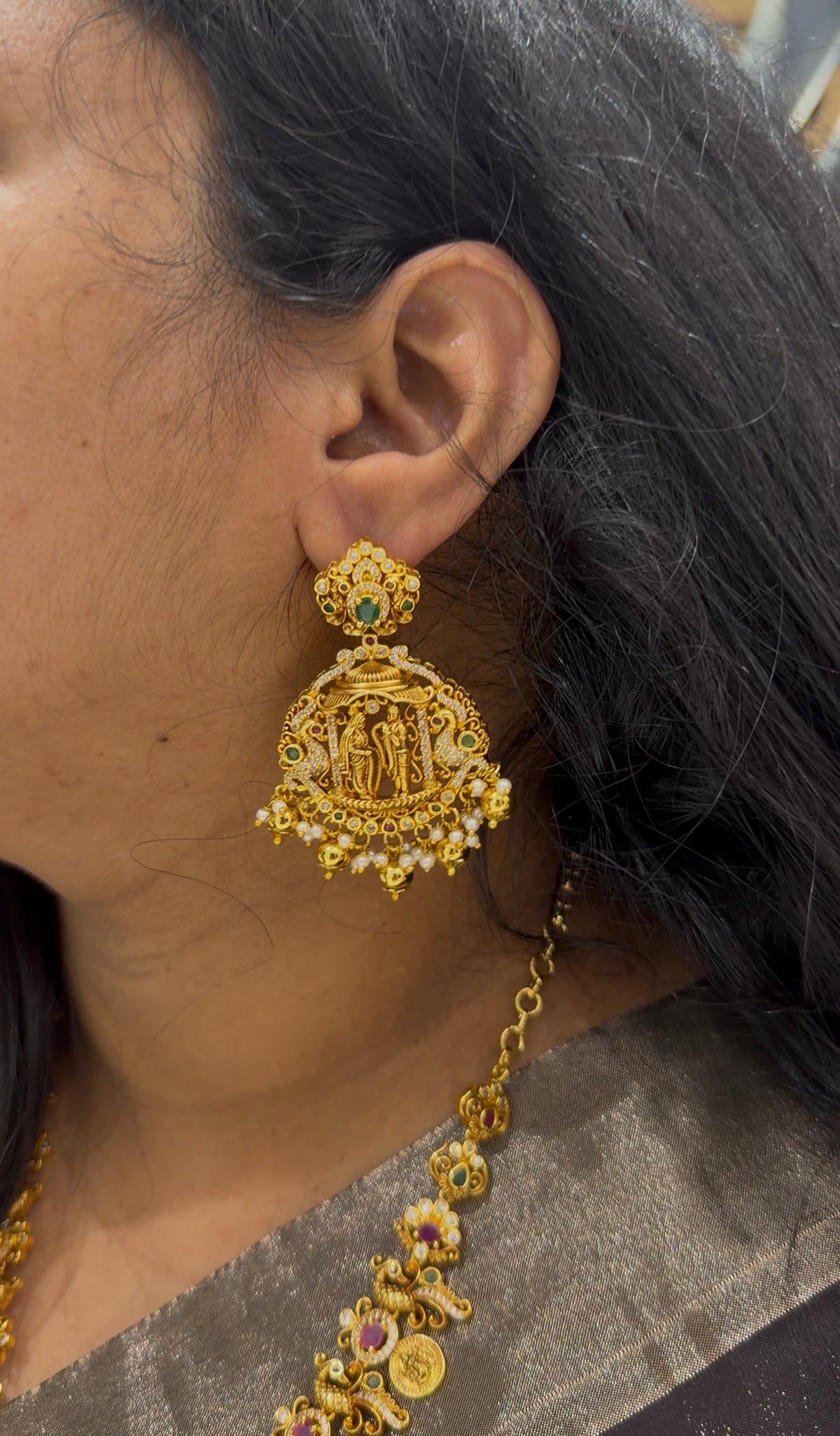 Beautiful ruby stones peacock design kasula model necklace with screwback earrings