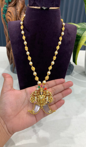 Beautiful Navarathna stone balaji pendant tiger nail with pearls & nakshi balls mala 18 inchs long