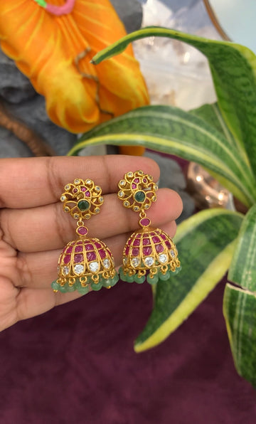 Beautiful peacock design pota stone pushback jumkis with beads finishing