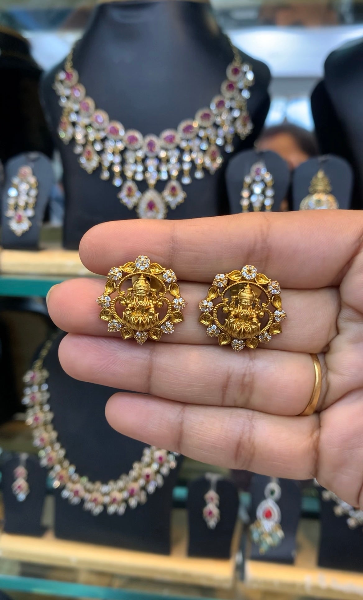 Beautiful Lakshmi devi & white stone studs with pushback
