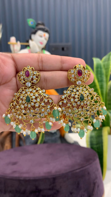 Beautiful uncut stone pushback ear hangings with aqua beads finishing