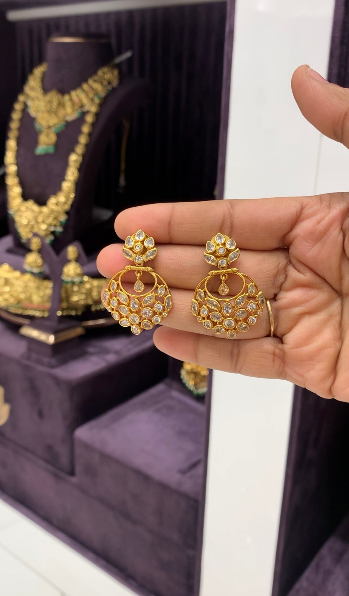Beautiful white stones Chandbali earrings with pushback