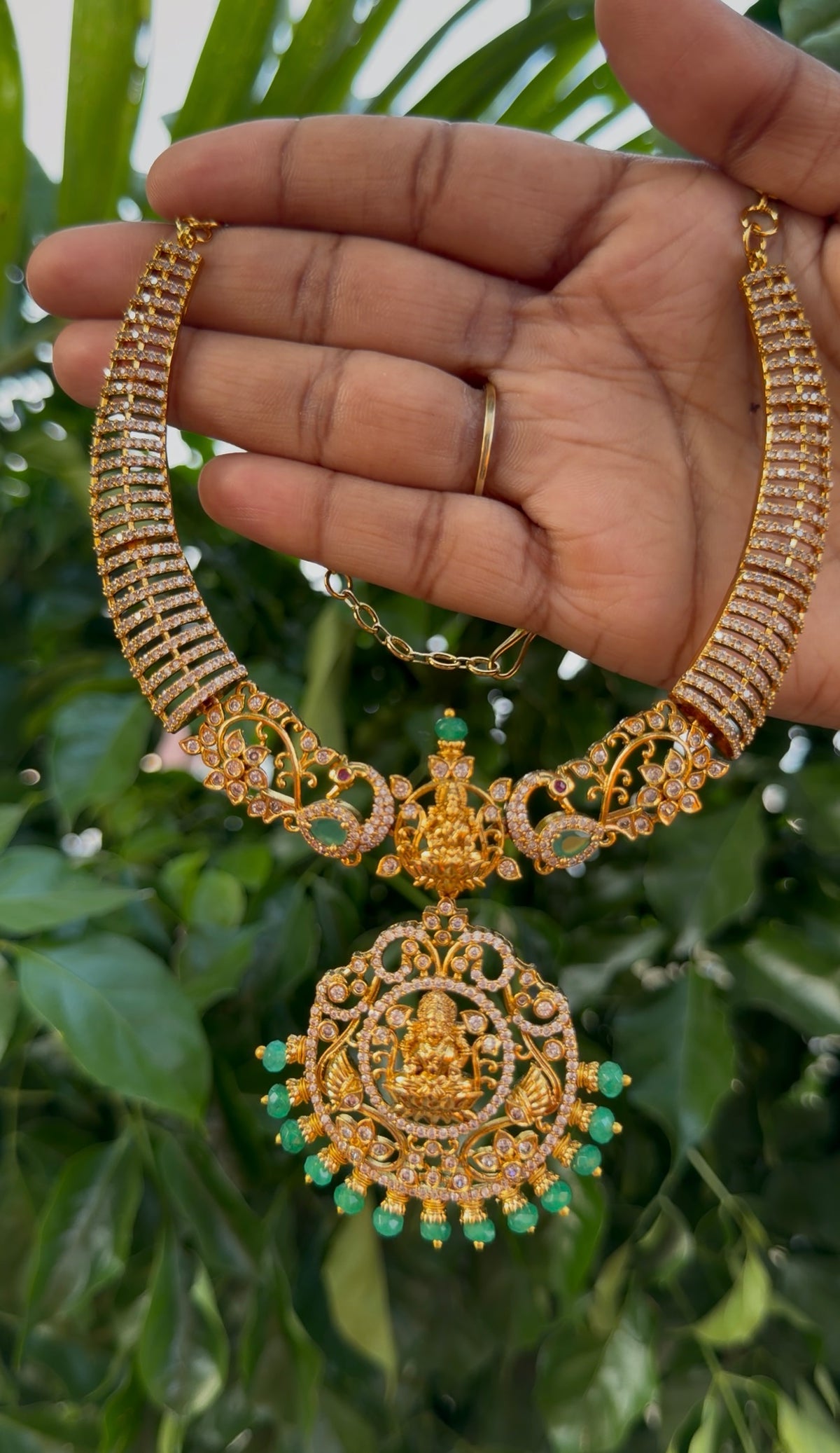 Beautiful Lakshmi devi & CZ stones kanti model necklace with pushback earrings