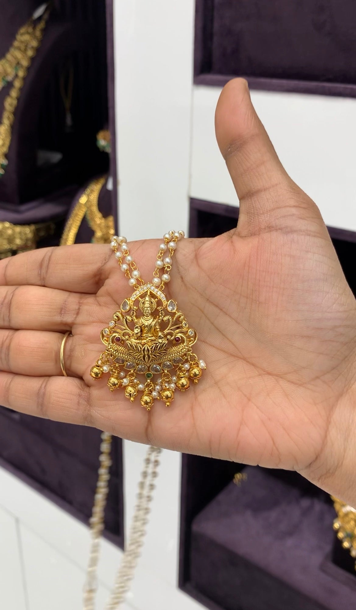 Beautiful Lakshmi devi pendant with white pearls mala