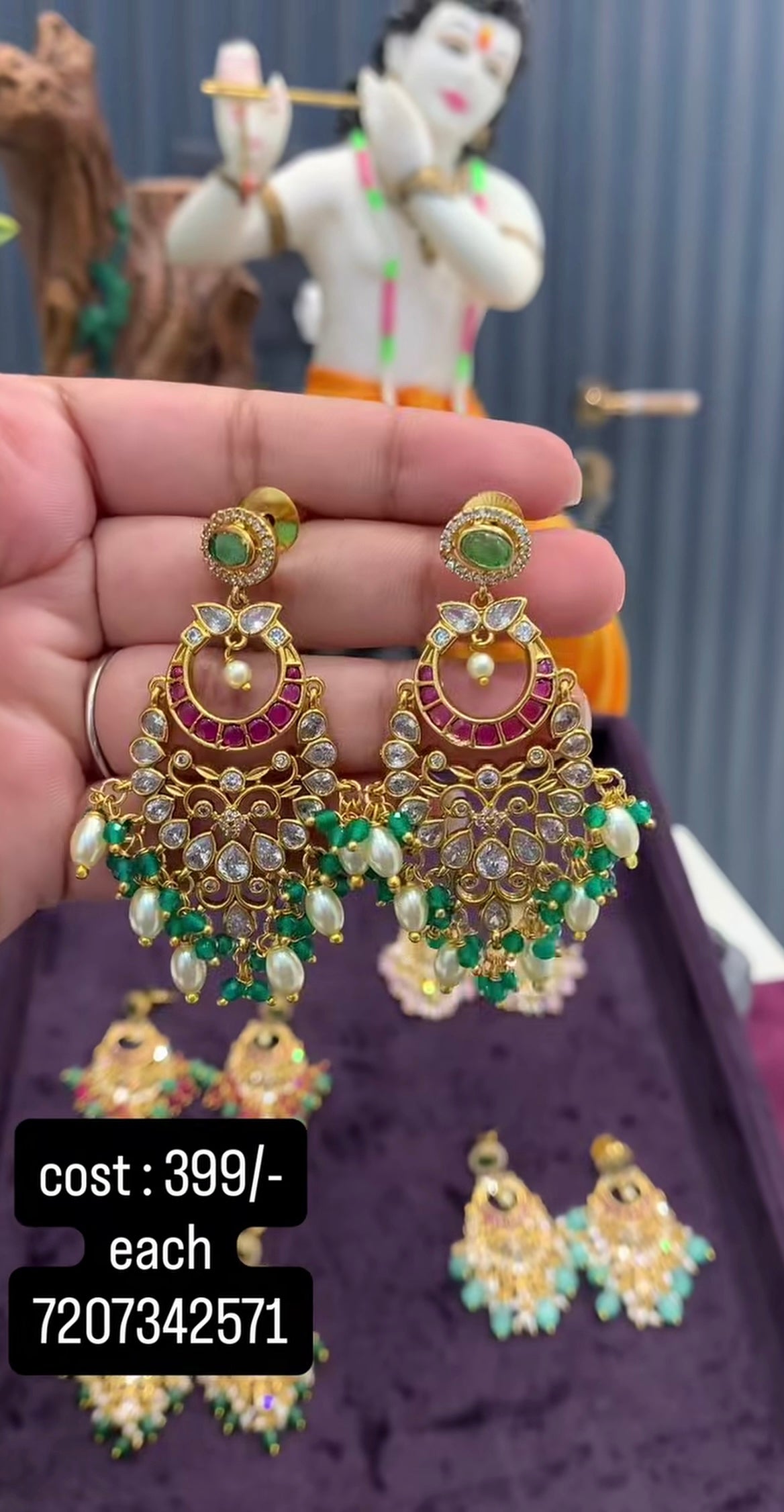 Beautiful pota stone chandbali pushback ear hangings with green beads finishing