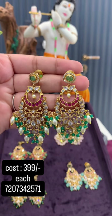 Beautiful pota stone chandbali pushback ear hangings with green beads finishing