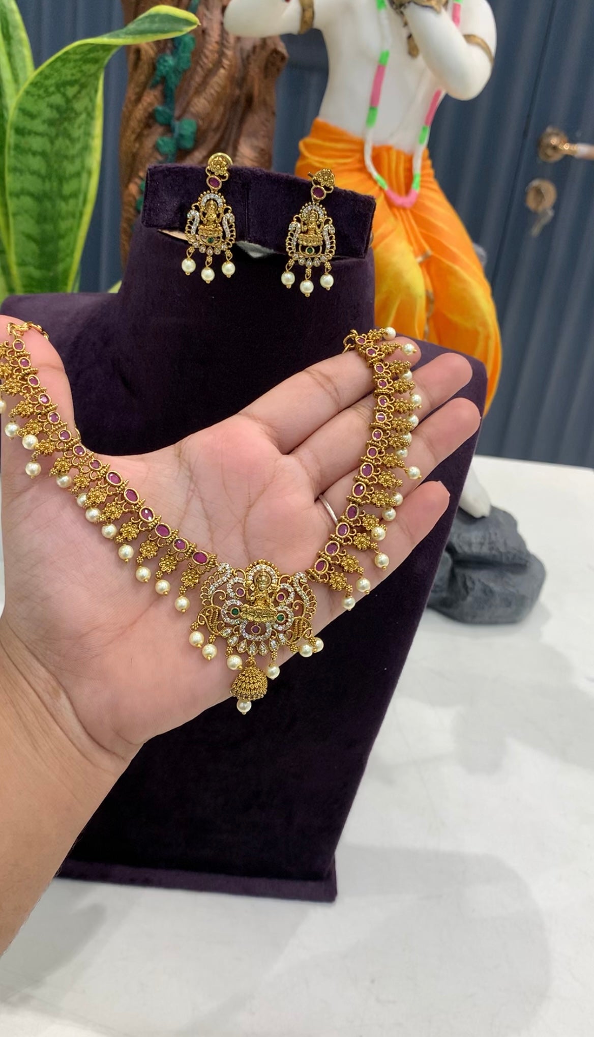 Beautiful CZ stones & Lakshmi devi necklace set with pushback ear hangings