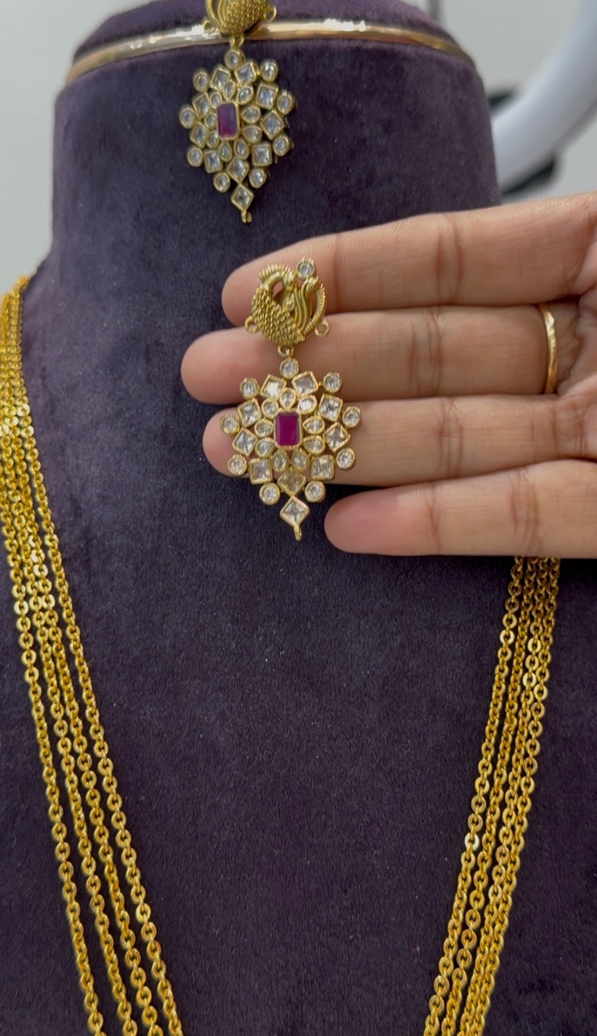 Beautiful uncut stone pendant set with chandraharam chain 24 inchs long