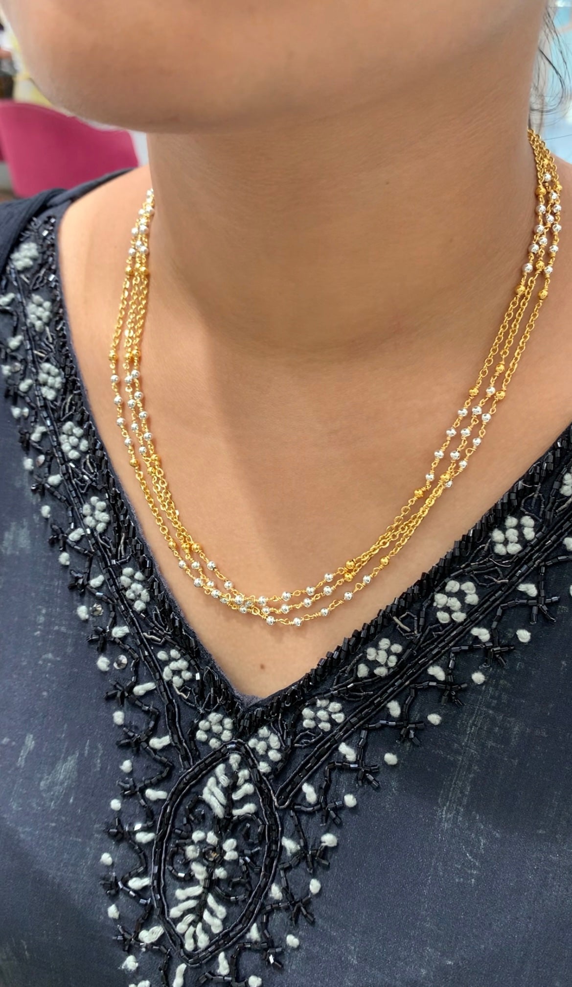 Beautiful handmaking pearls & chandraharam 3 layers chain 18 inchs long