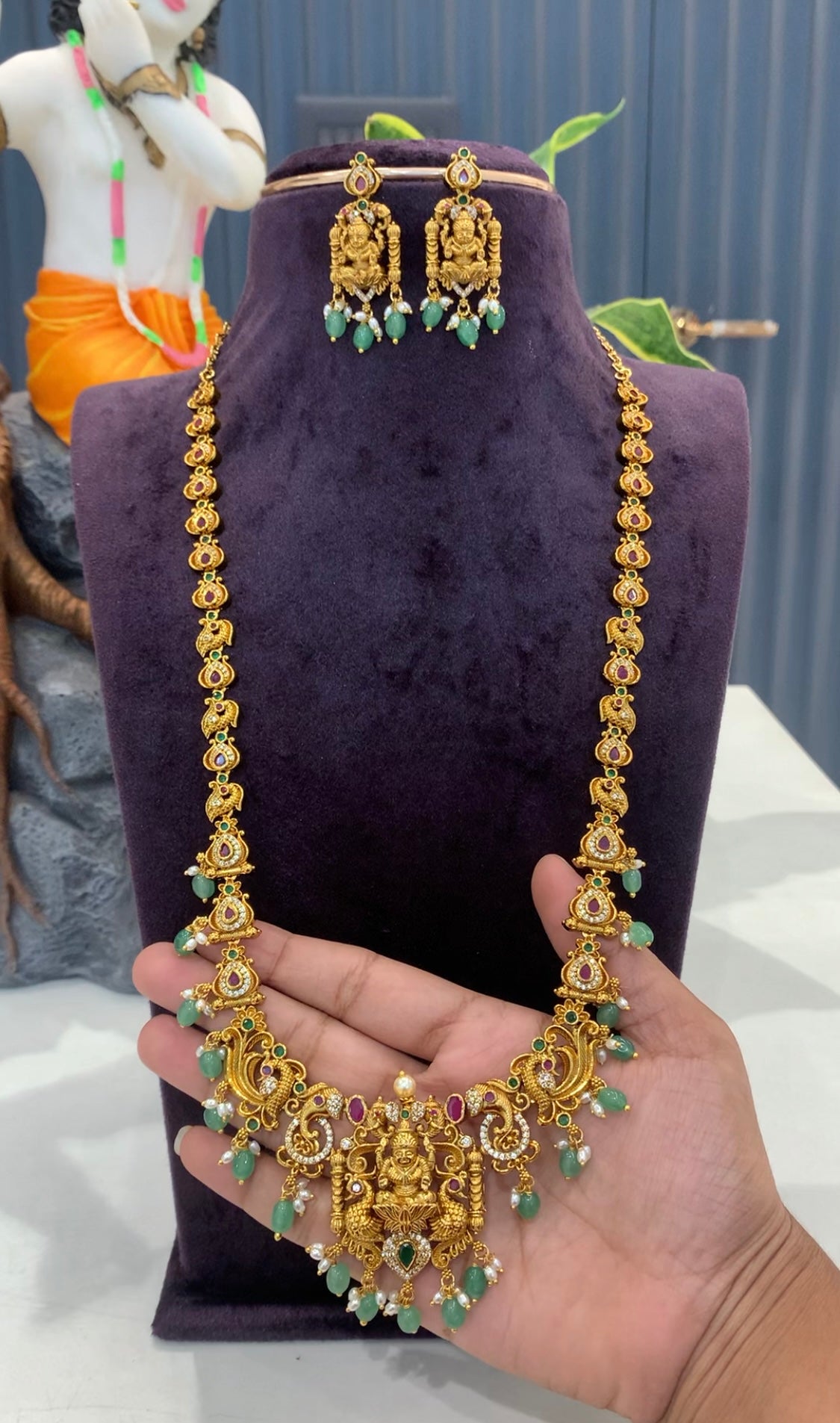 Beautiful Lakshmi devi peacock design long haram with screwback earrings