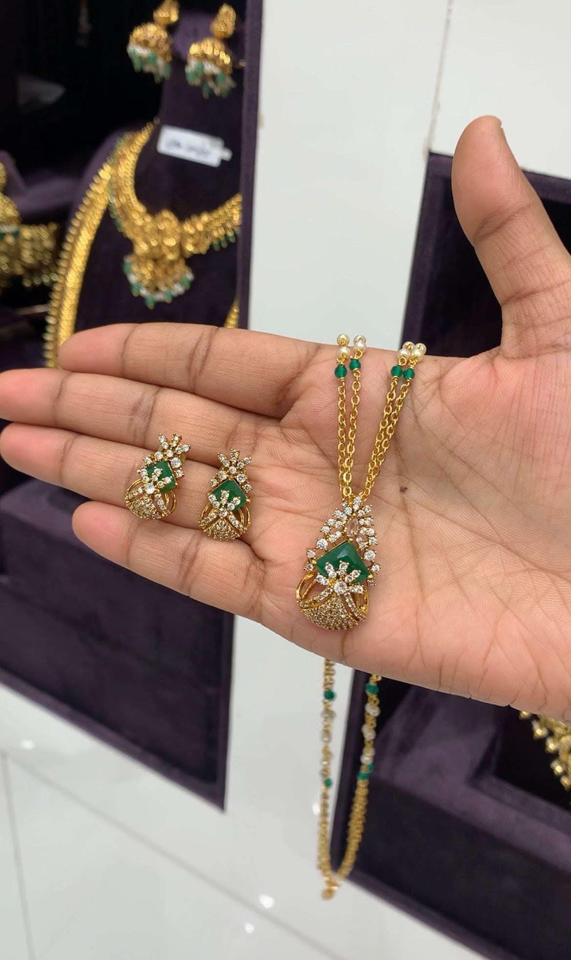 Beautiful green stone pendent set with handmaking chandraharam & beads chain 18 inchs long