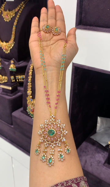 Beautiful multi color CZ stones pendant set with handmaking Chandraharam & beads chain 18 inchs long