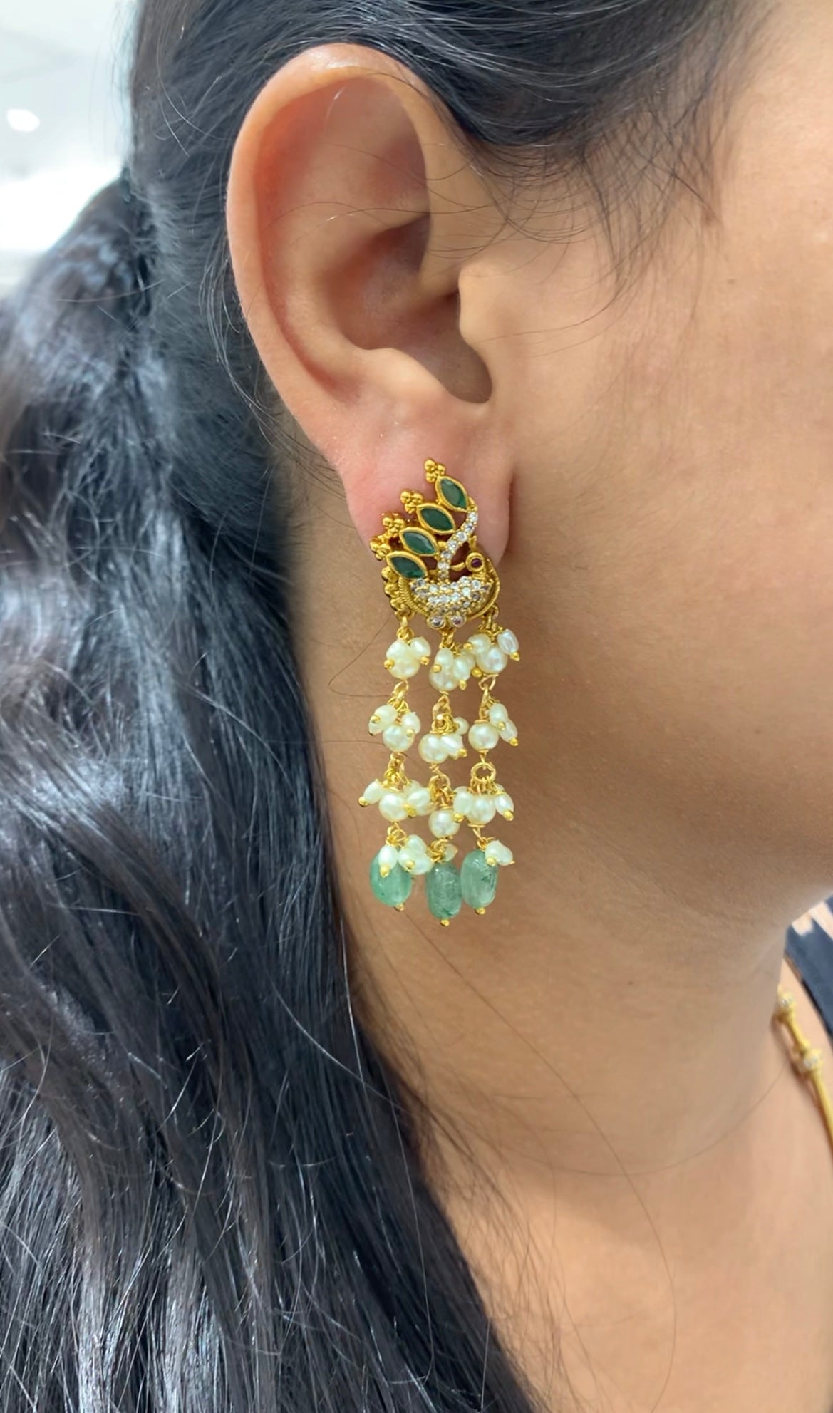 Beautiful peacock design pushback earrings with pearls chain