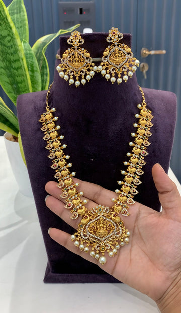 Beautiful Lakshmi devi peacock design mini necklace with pushback earrings