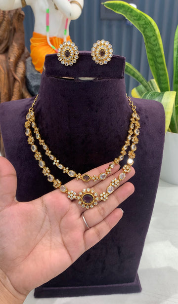 Beautiful CZ stones 2 layers necklace with pushback earrings