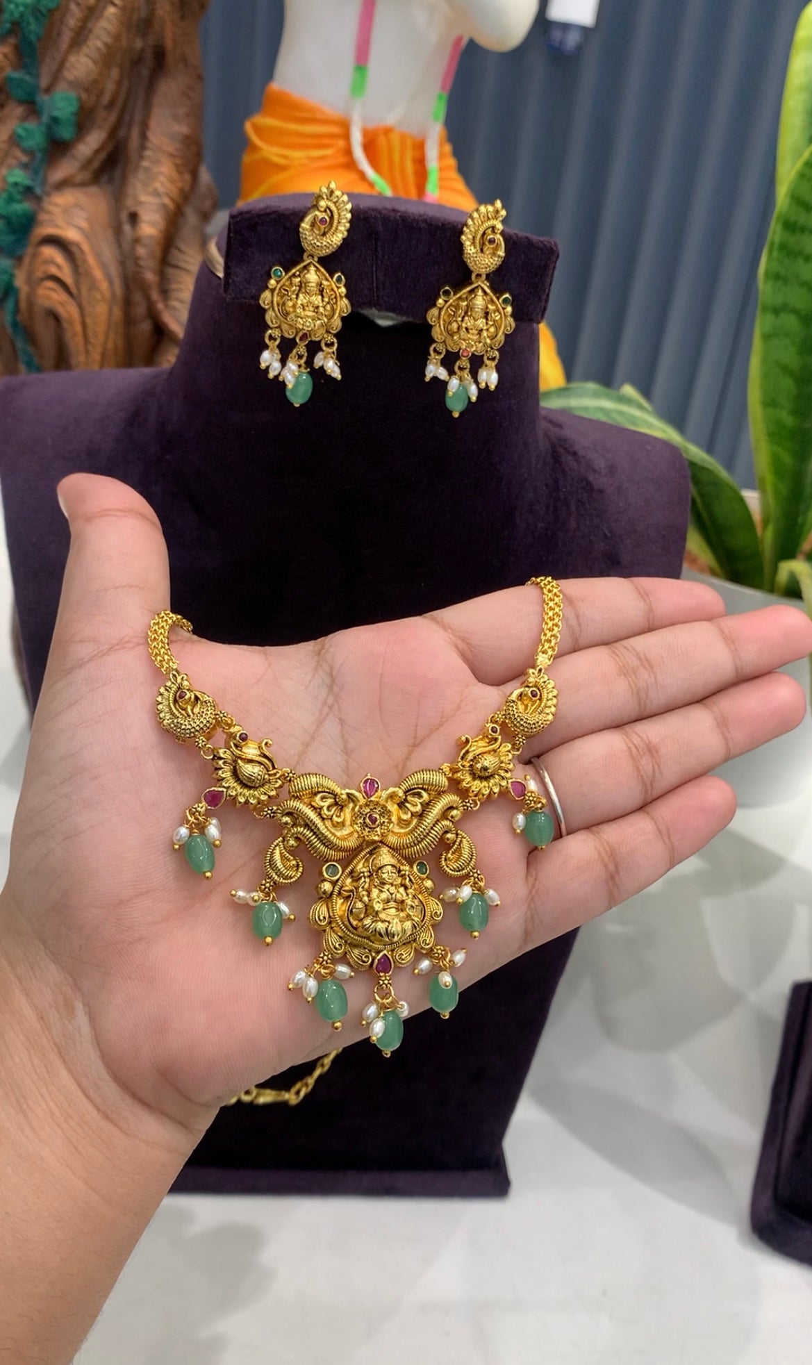 Beautiful Lakshmi devi simple neckset with pushback ear hangings