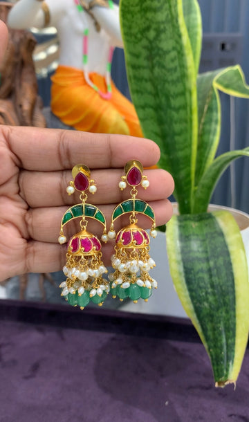 Beautiful jadau stone pushback jumkis with beads finishing
